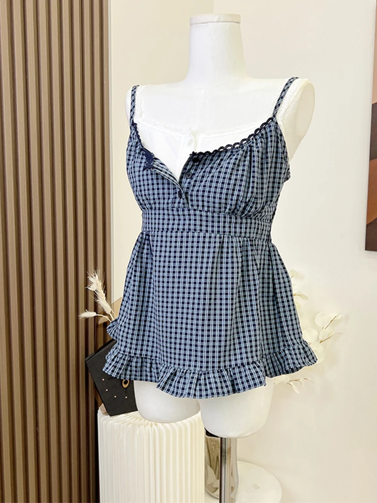 Checkerboard Plaid Vest Women Hot Vintage Camisole Casual Sleeveless Streetwear Harajuku Clothing Summer Lace Patchwork Crop Top