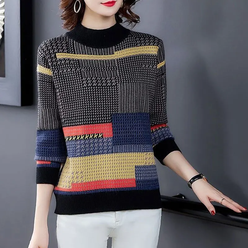 Vintage Patchwork Knitted Sweaters Autumn Winter Casual Half High Collar Women\'s Clothing Fashion Jacquard Weave Loose Jumpers