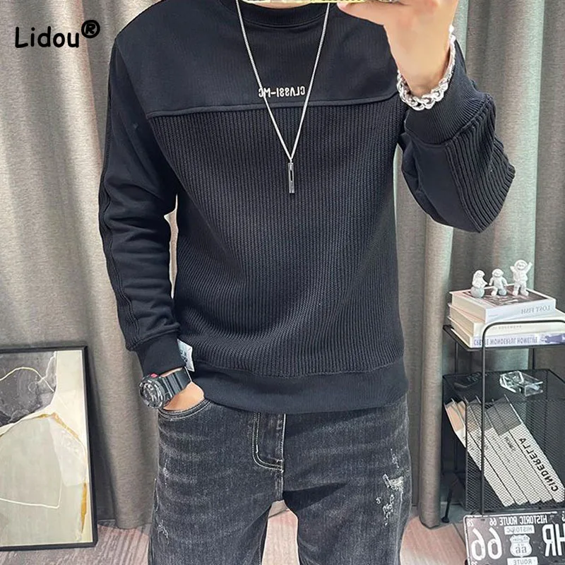 Fashionable Men's Casual Trend Long Sleeve Sweatshirts Spring Autumn Male Clothes Round Neck All-match Solid Color Bottoming Top