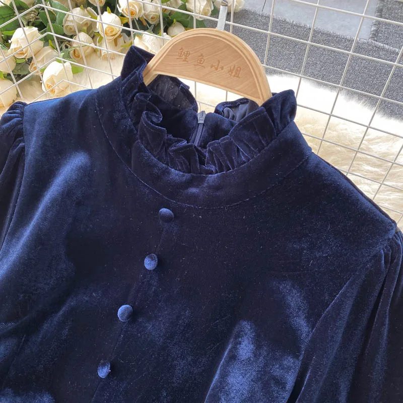 Robe longue en velours pour femmes, élégante et Chic, manches lanternes, soirée française, vêtements de rue