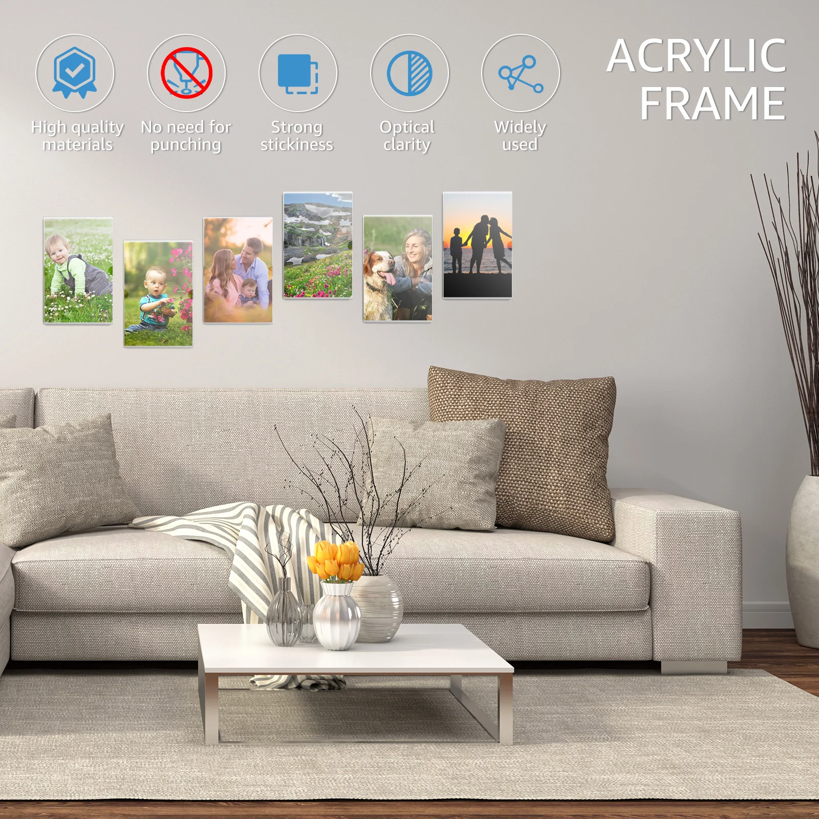 6/12/24Pcs Acrylic Picture Frames 4x6in Clear Photo Frame for Wall Self-Adhesive Frameless Picture Frames Multipurpose Hanging