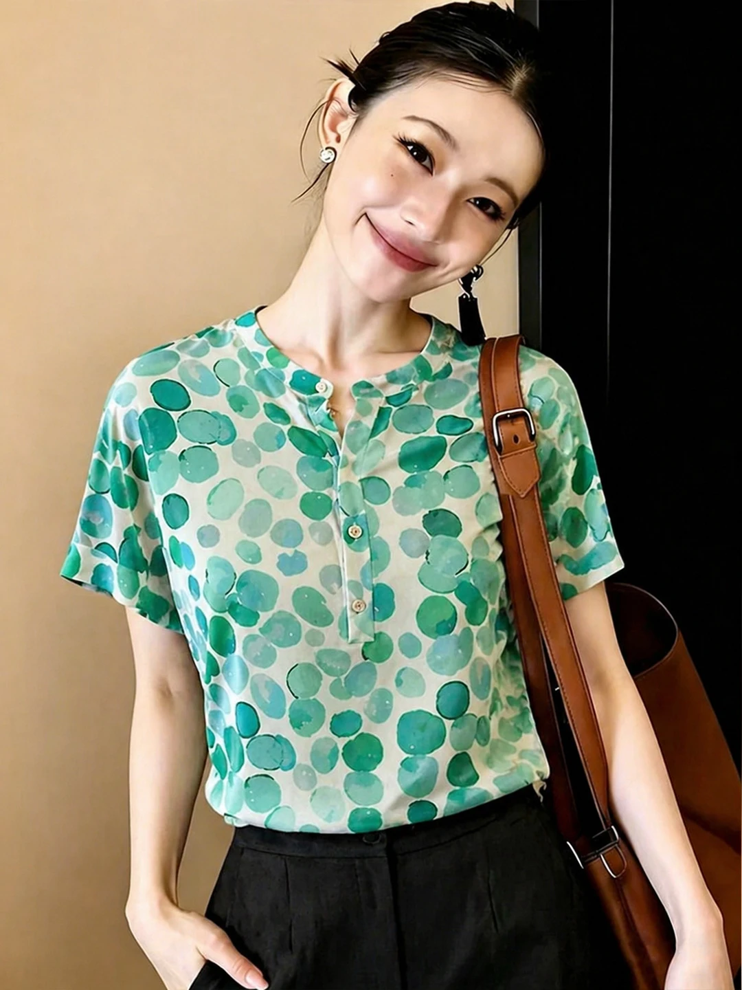 

Summer 2026 Loose Short Sleeve Women's Chiffon Shirt Printed Design Korean Style Fashionable Sun Protection Top Commute Wind