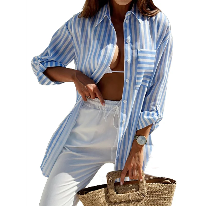 ABRT-Kemeja Berkancing Wanita Atasan Blus Berkerah Longgar Pacar Lengan Panjang Kasual