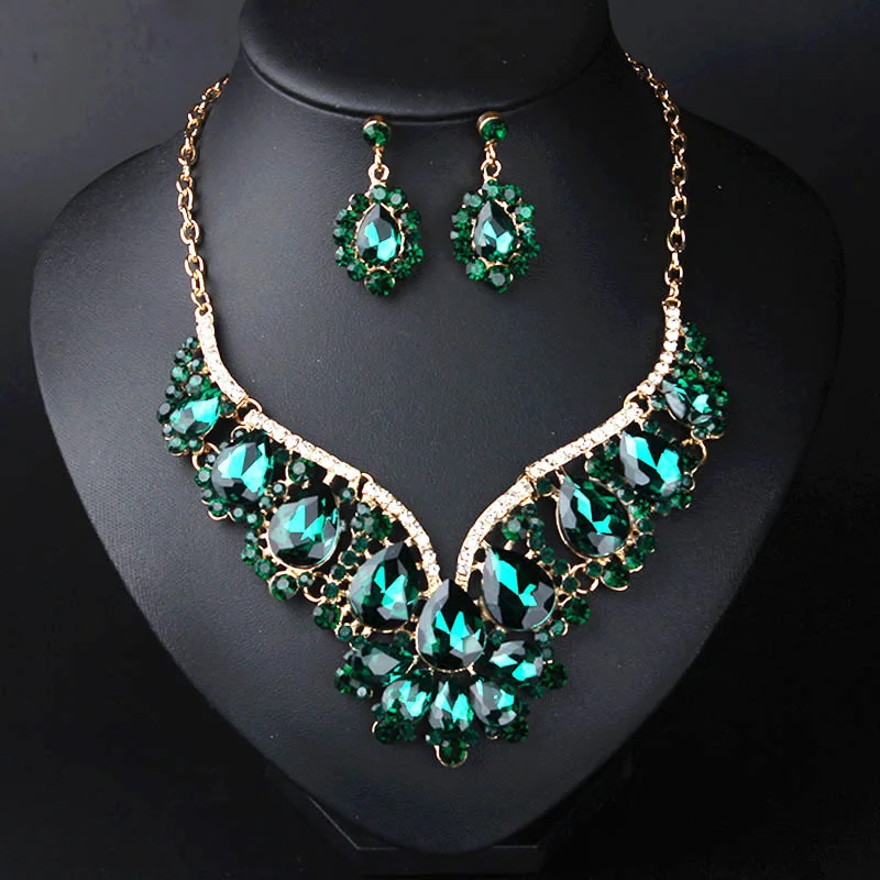 

Shine Crystal Gemstone Necklace Earrings Set Formal Evening Women's Exaggerated Jewelry Accessories