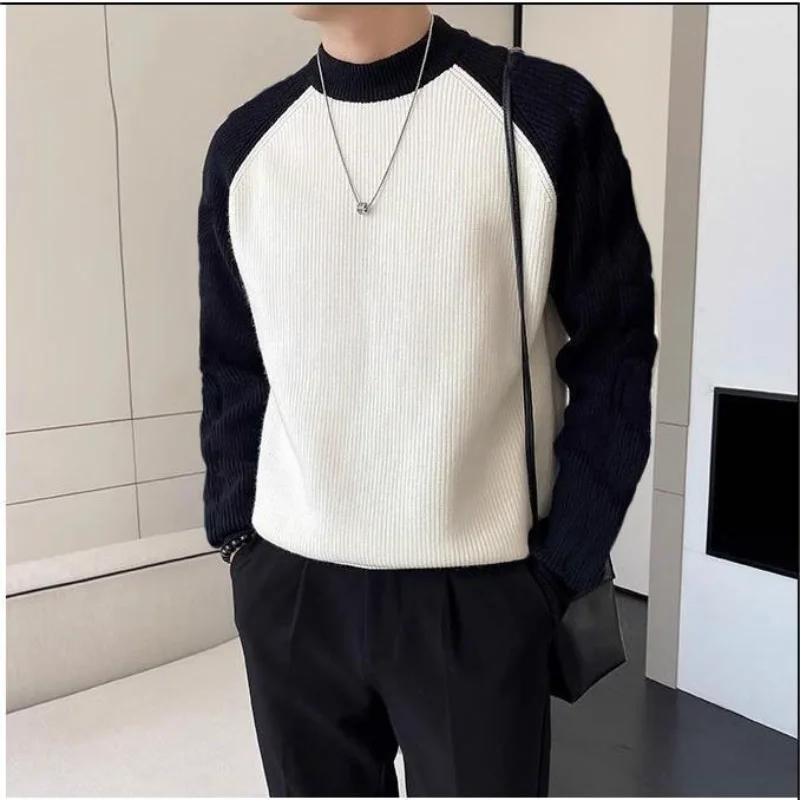 Contrast Color Splicing Crew Neck Sweater Men's Autumn and Winter Korean Style Versatile Sweater Pullover Crew Neck Top