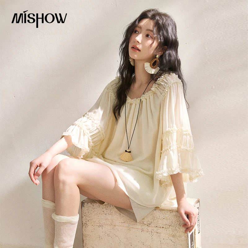 

MISHOW Women Apricot Square Neck Daffodil Sleeve Top 2026 Summer Ruffle Sleeve A-Line Loose Slim Casual Loose Blouse MXF24X2654