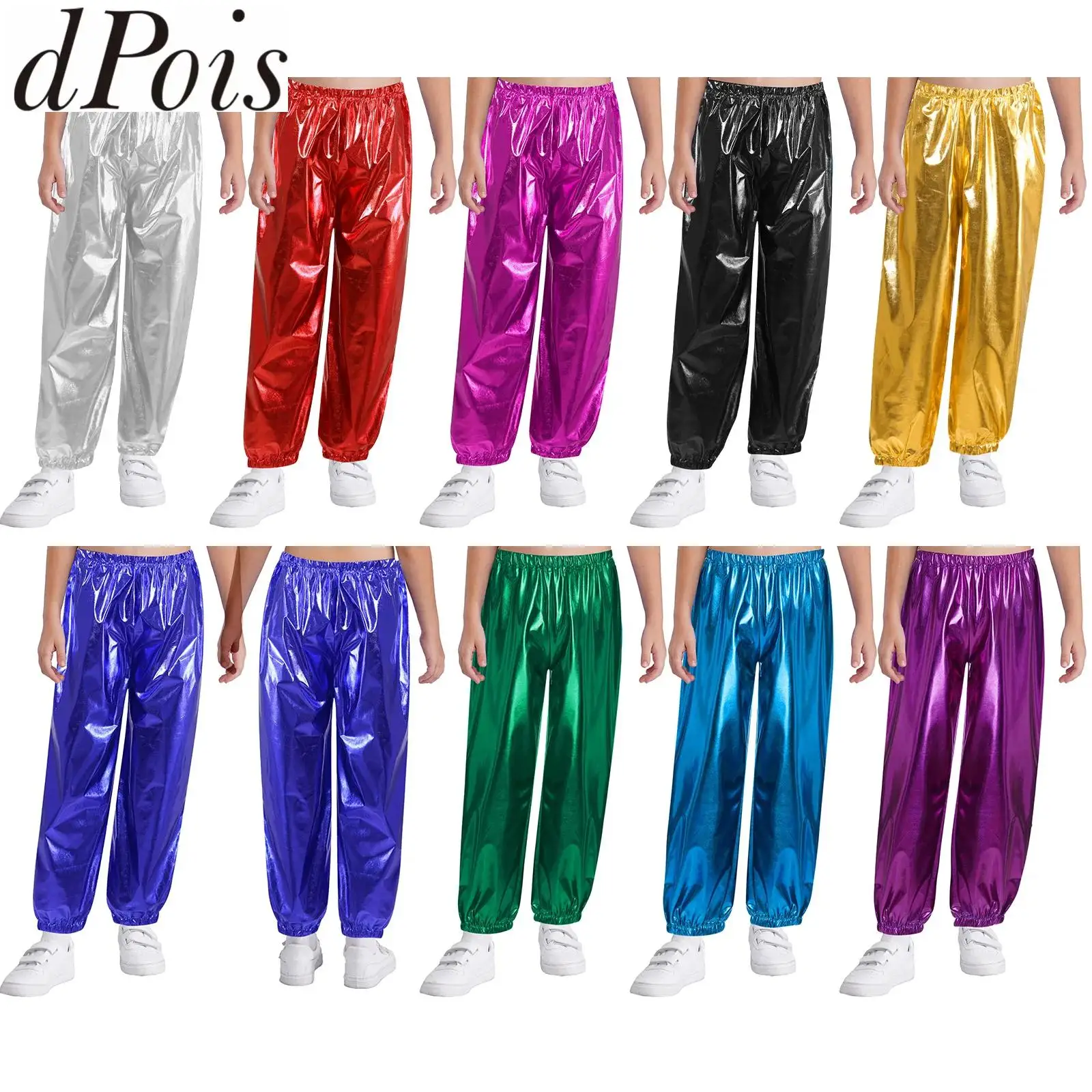 

Kids Girls Boys Metallic Modern Jazz Street Dance Trousers Sports Costume Elastic Waist Jogging Loose Fit Training Long Pants