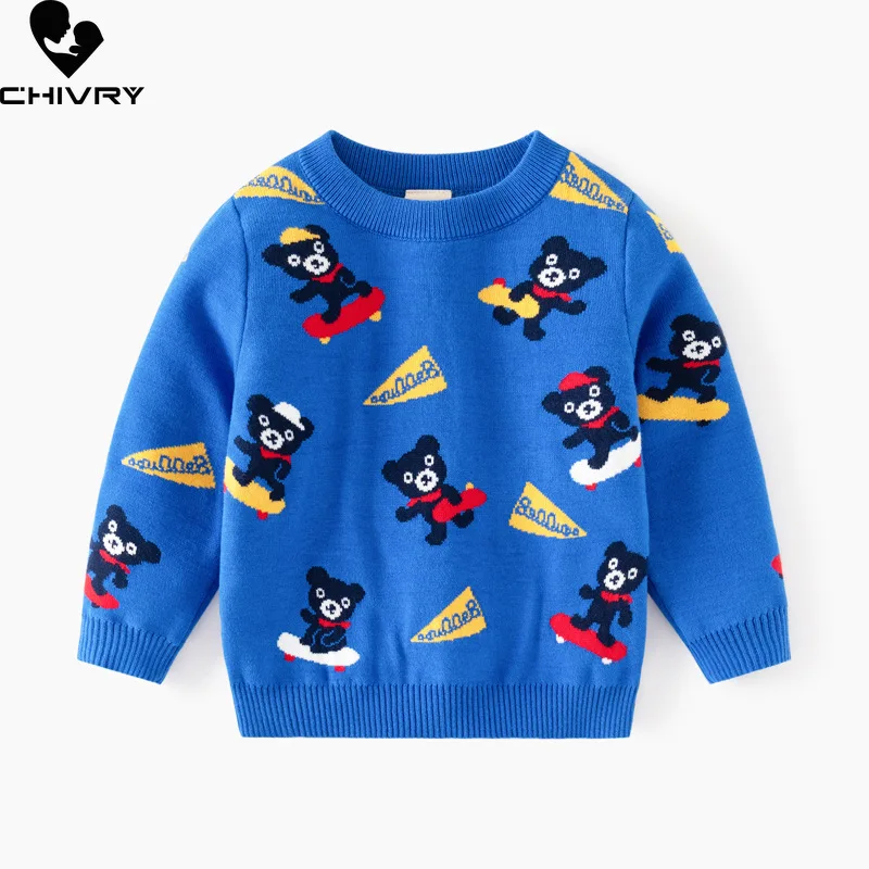 Baby Boys Autumn Winter Thick Pullover Sweater New 2023 Kids Cartoon Bear Jacquard Round Neck Warm Knitted Jumper Sweaters Tops