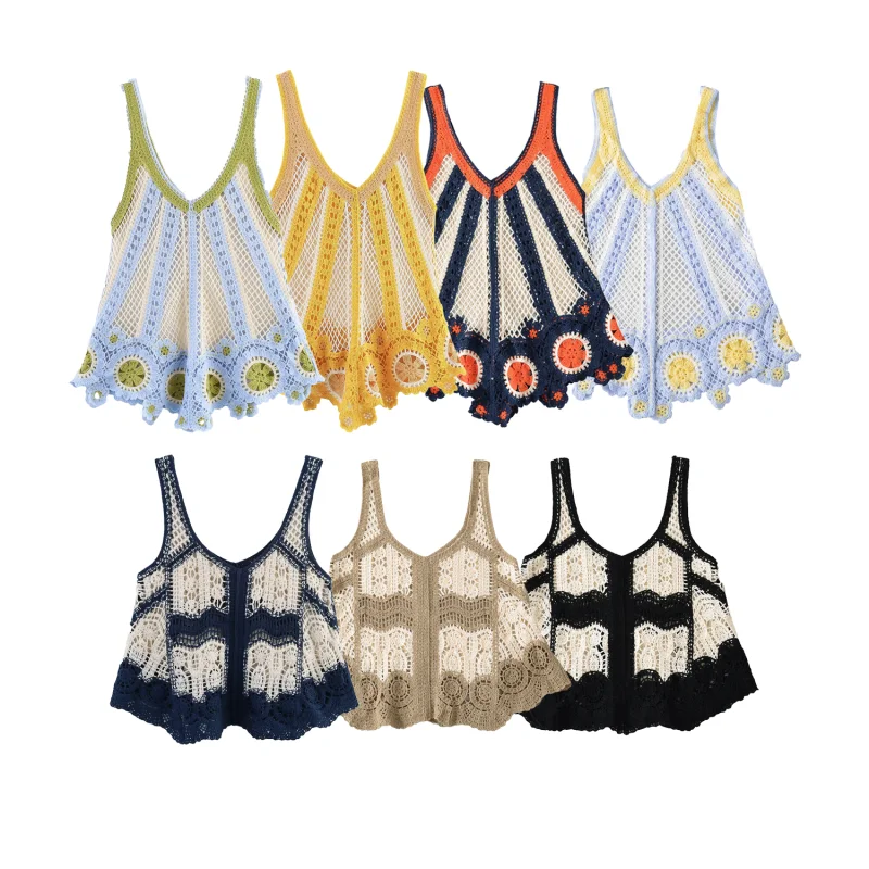 Women's Summer Vacation Style Crochet Knit Cami Top, Multiple Colors Available, Breathable and Textured for Beach and Party Wear