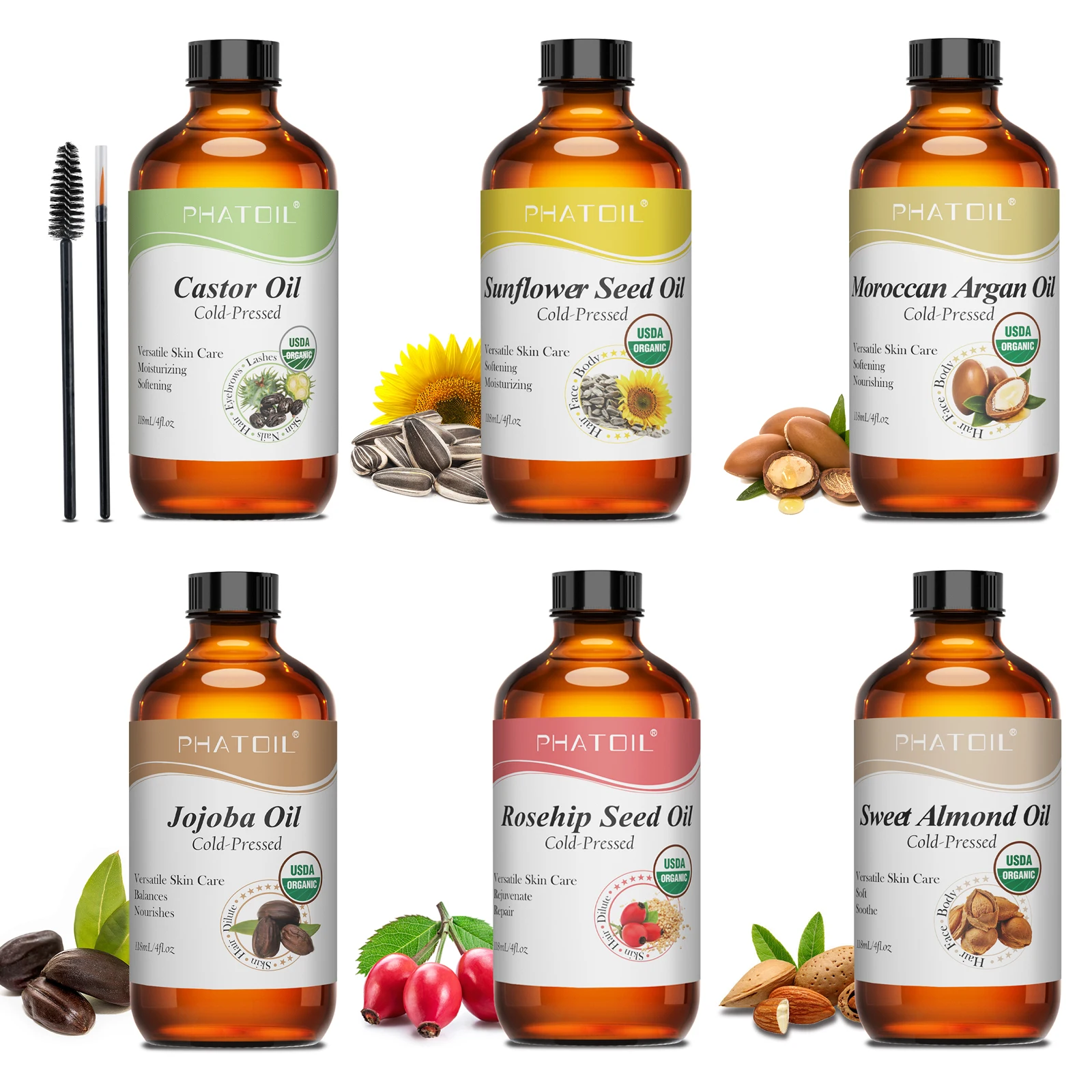น้ำมันบำรุงผิวหน้าออร์แกนิค PHATOIL 118 มล. สกัดเย็นจากธรรมชาติ น้ำมันพื้นฐานมาตรฐาน USDA - น้ำมันละหุ่ง, น้ำมันโจโจบา, น้ำมันอาร์แกนโมร็อกโก, น้ำมันเมล็ดโรสฮิป