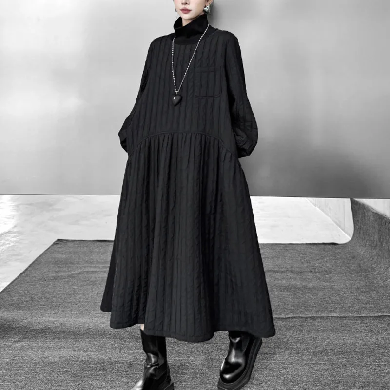 HKSH Herbst Winter Neue Frauen Verdicken Kleid Rollkragen Langarm Drapierte A-line Elegante Casual Ins Baumwolle gefütterte Kleider HK16647