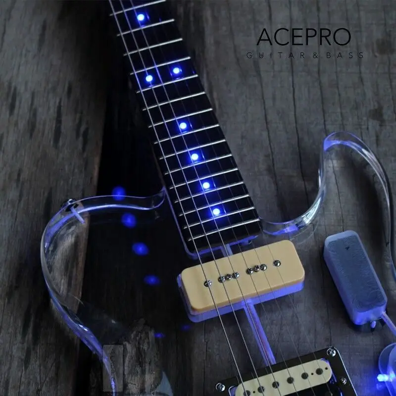 In Stock Acepro Blue LED Light Electric Guitar, Clear Acrylic Body Crystal Guitar, Maple Neck, Free Shipping Guitarra