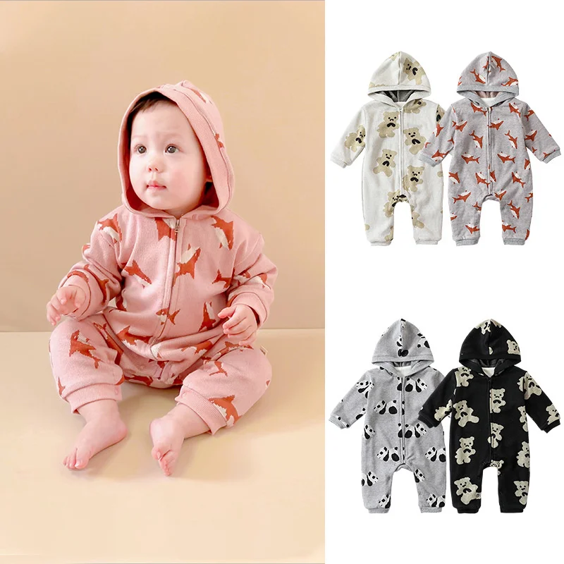 Baby Boys Girls Romper Winter Outing Clothing Plus Fleece Thickened Knitwear Autumn/Winter Warm Mother Kids Jumpsuit