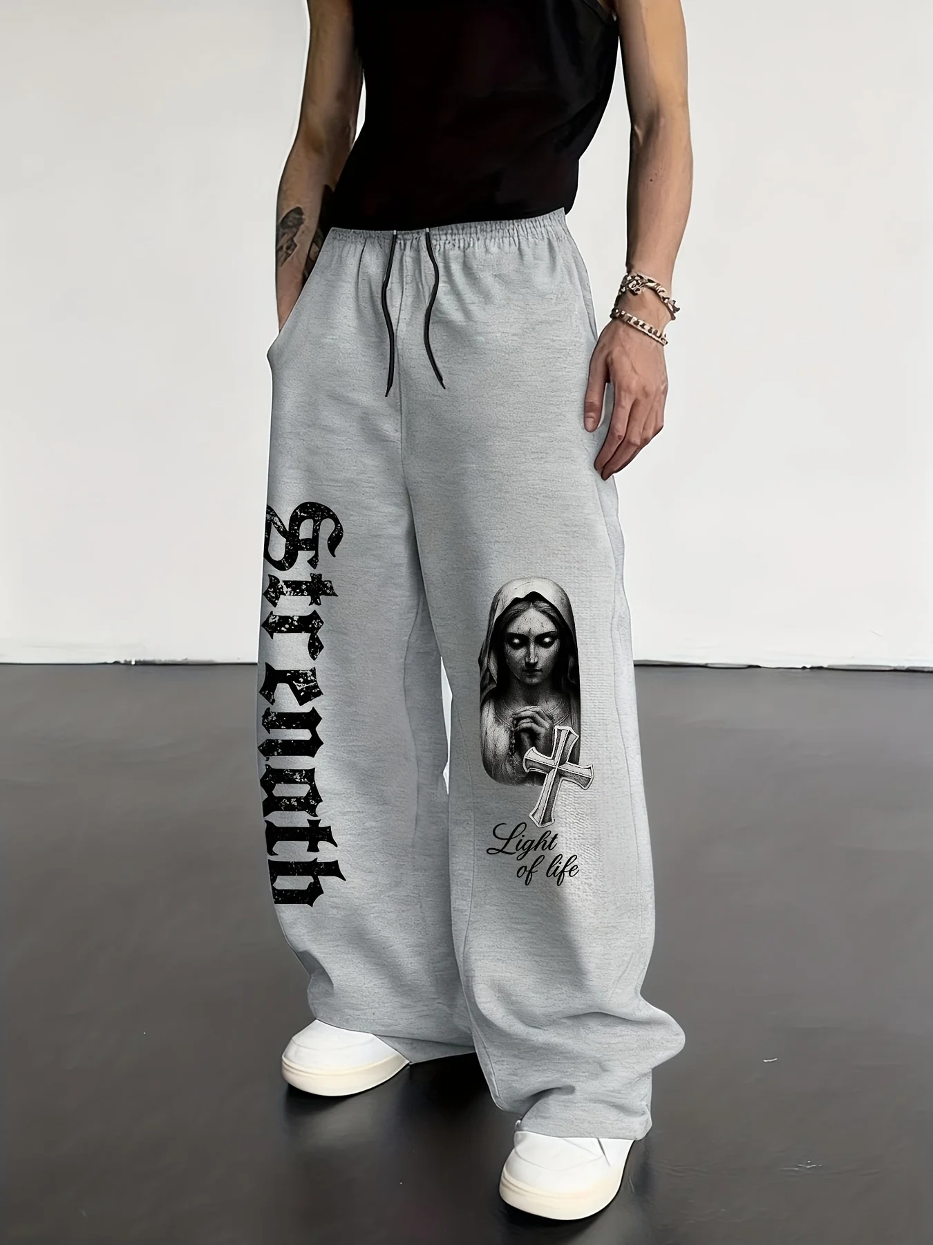 

Мужские классические универсальные спортивные брюки свободного кроя с принтом в готическом стиле, на шнурке, повседневные, для активного отдыха, широкие штаны