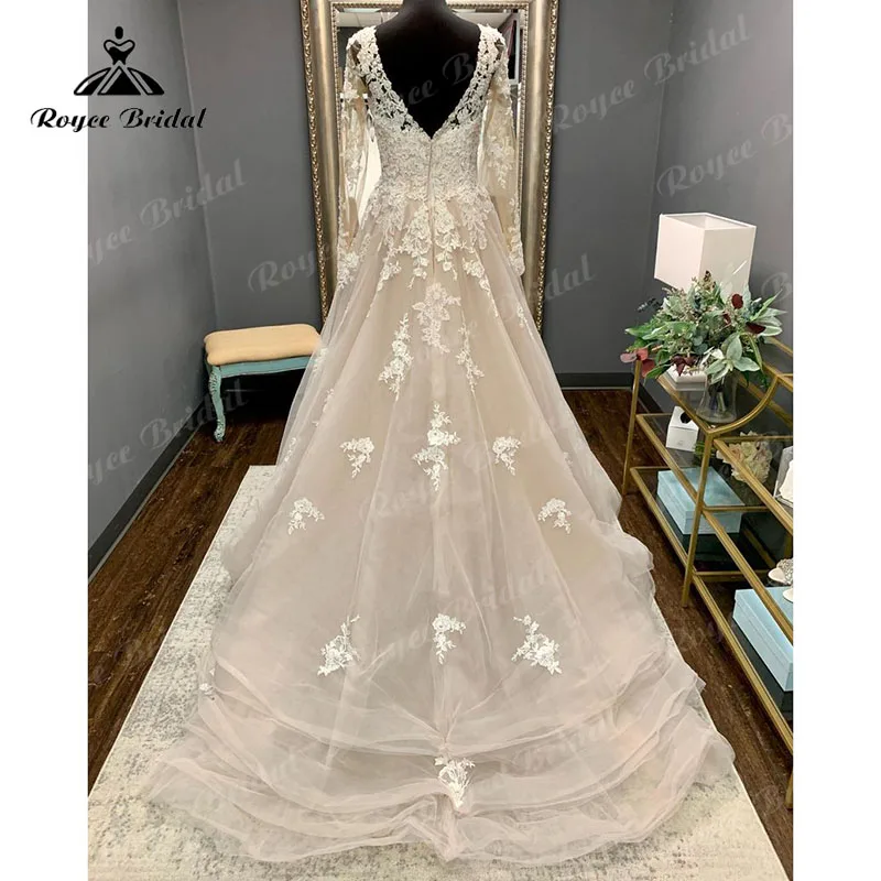 Винтажное кружевное платье Roycebridal с длинным рукавом и V-образным вырезом, свадебное платье с открытой спиной, выполненное на заказ, в стиле бохо, садовое длинное свадебное платье