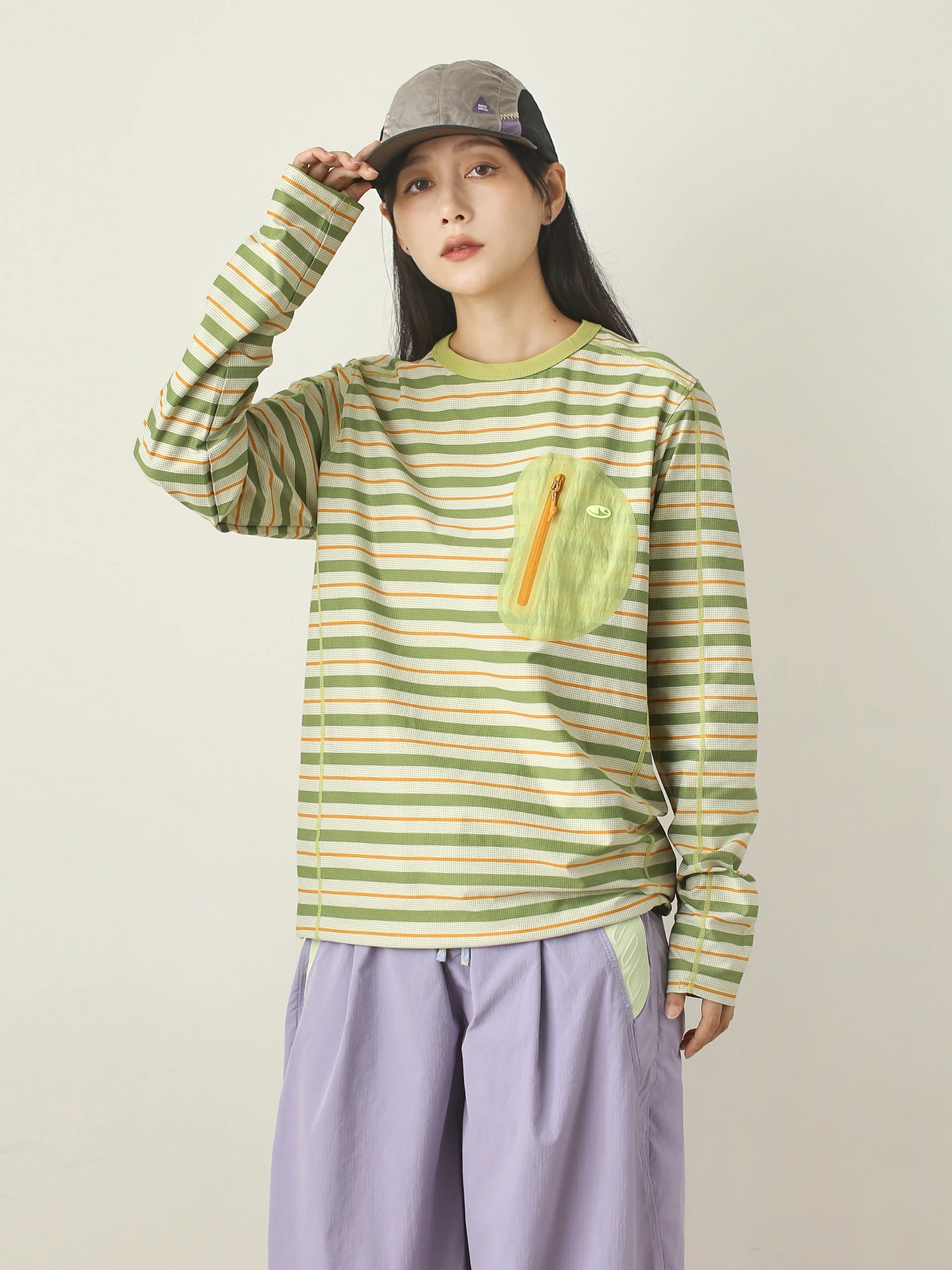 Mandu Casual Stripe Long Sleeve Women's T-shirt Loose Fit Outdoor Sport Top with Pocket Sweat Absorbent Breathable Polyester