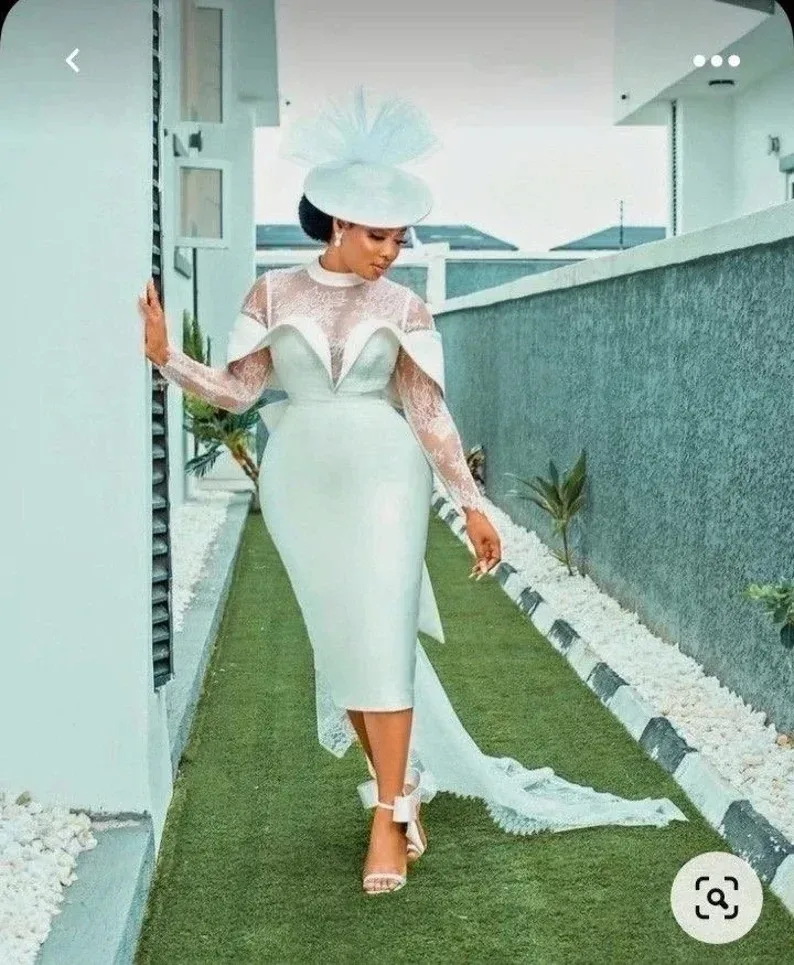 2026 فساتين زفاف بيضاء قصيرة حورية البحر دانتيل كم طويل طول الشاي ساتان كلاسيكي نسائي أفريقي حفلة موسيقية فستان زفاف مخصص #2