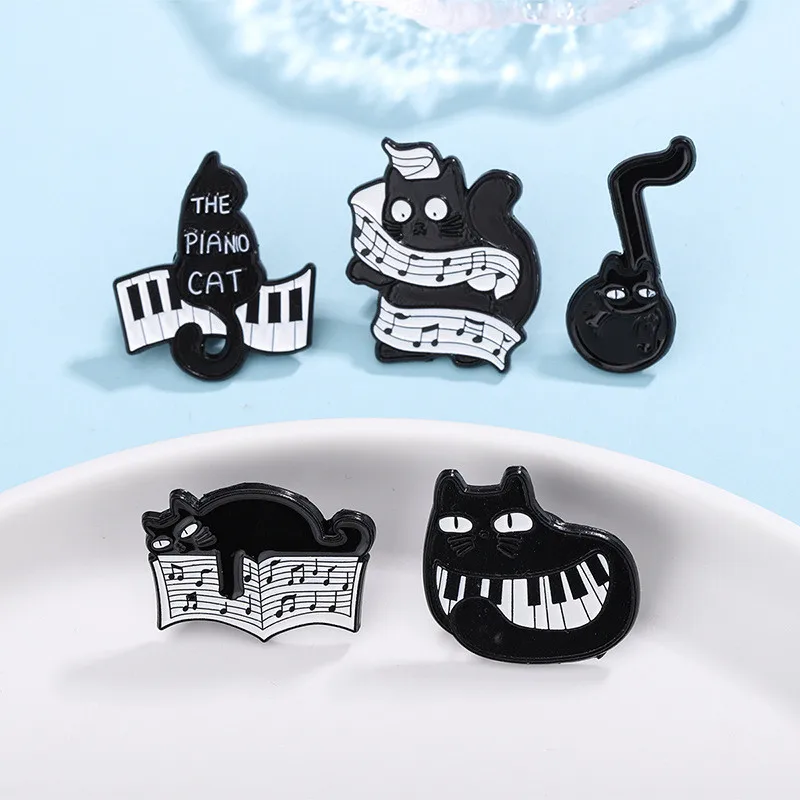 Creative Cartoon Black Piano Cat Enamel Brooch Music Score Notes Kitten Badge Pins Cute Animal Lapel Coat Jewelry Accessories