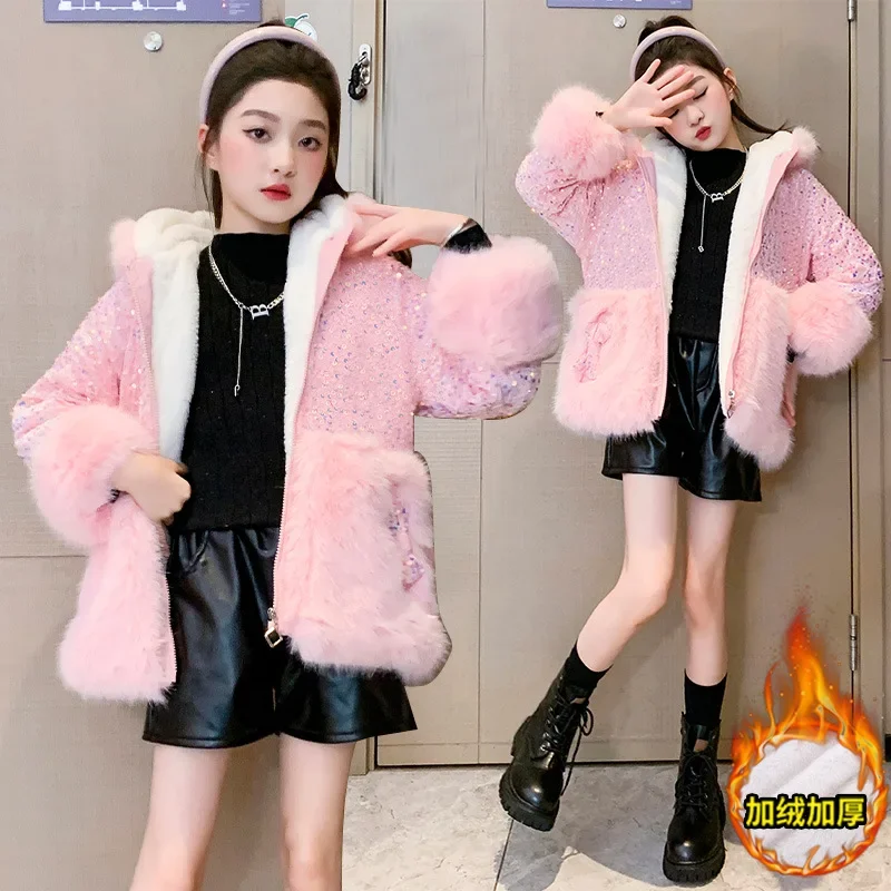 Children's Fur Coat Girls Winter Cartoon Sweet Sequins Hooded Coat Jacket Teenager Girl Princess Thick Cotton Outerwear 3-12Year