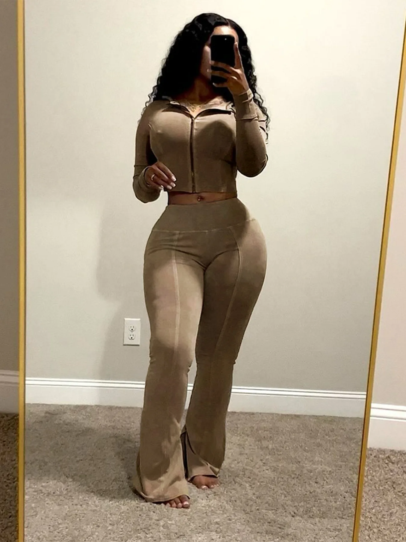 PYMQR Washed Worn Hooded Flared Pants Women Two-piece set Hoodie Zip Up Cropped Top Jogger High Waist Lounge Wear Suits 2024