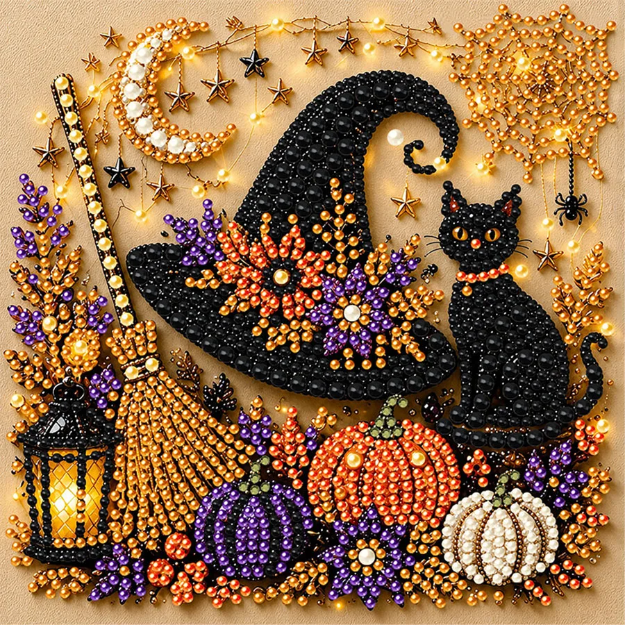 Halloween Hexen-Geister-Perlen-Kunst-DIY-Set, Perlen-Malset für Erwachsene, Halloween-Perlen-Diamant-Malerei (verschiedene Designs verfügbar: Highland-Kuh, Hexe, Geist, Kürbis, Schwarze Katze, Totenkopf, Krähe), handge – Detail 4