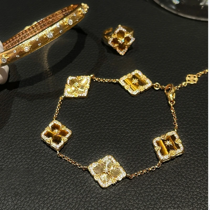 

Fashion jewelry party gifts bracelet laser shell mother tiger eye stone four leaf clover, ancient new Chinese style trendy three