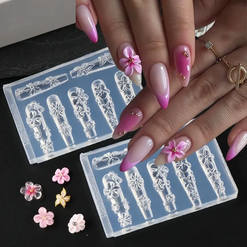 Blossom Flower 3D Nail Silicone Nail Carving Mold  Lily Cherry Different Shapes Nail Art Print Stencils DIY Manicure Mold Tools