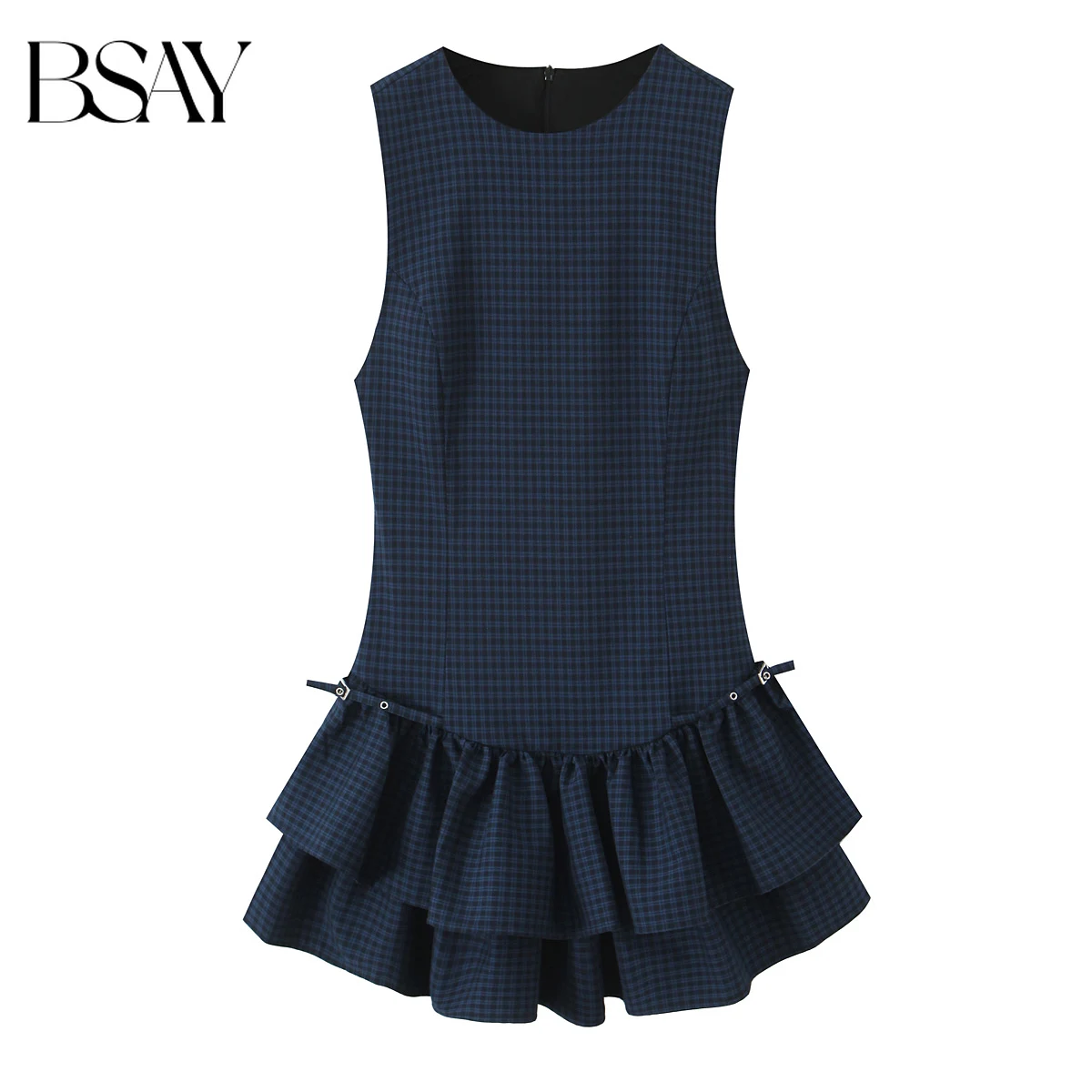 BSAY – robe courte à carreaux pour femmes, mode automne hiver, couches, col rond, fermeture éclair au dos, gilet, Chic français, vêtements de soirée féminins