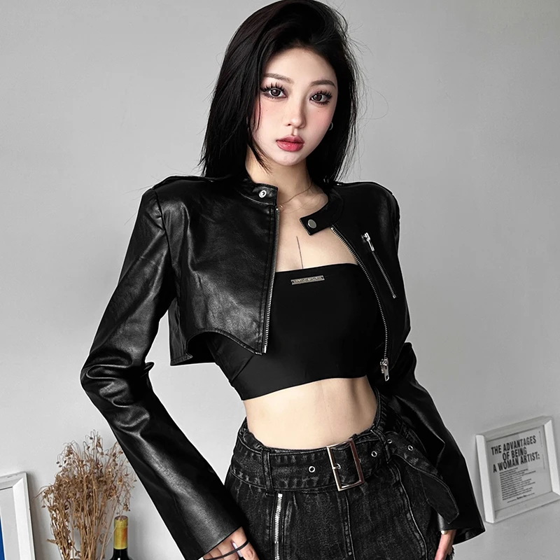 Cool and Spicy Girl Style PU Leather Long Sleeved Jacket with High Waisted Short Jacket Top, Explosive Street High-end Feeling