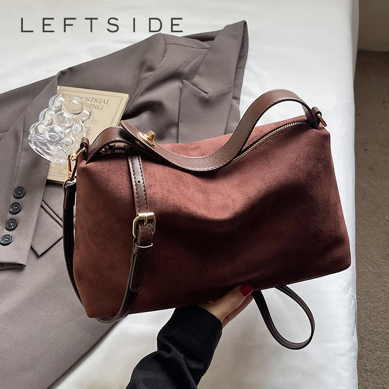 

LEFTSIDE Women's Leather Velvet Bucket Bag 2025 Winter New Retro Shoulder Bag Luxury Designer Crossbody Bag Handbags and Purses
