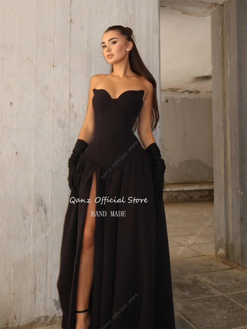 Qanz Vintage noir Satin Robes De Soirée chérie haute fente Robes De Soirée longue une ligne femmes robes Para Mujer personnalisé