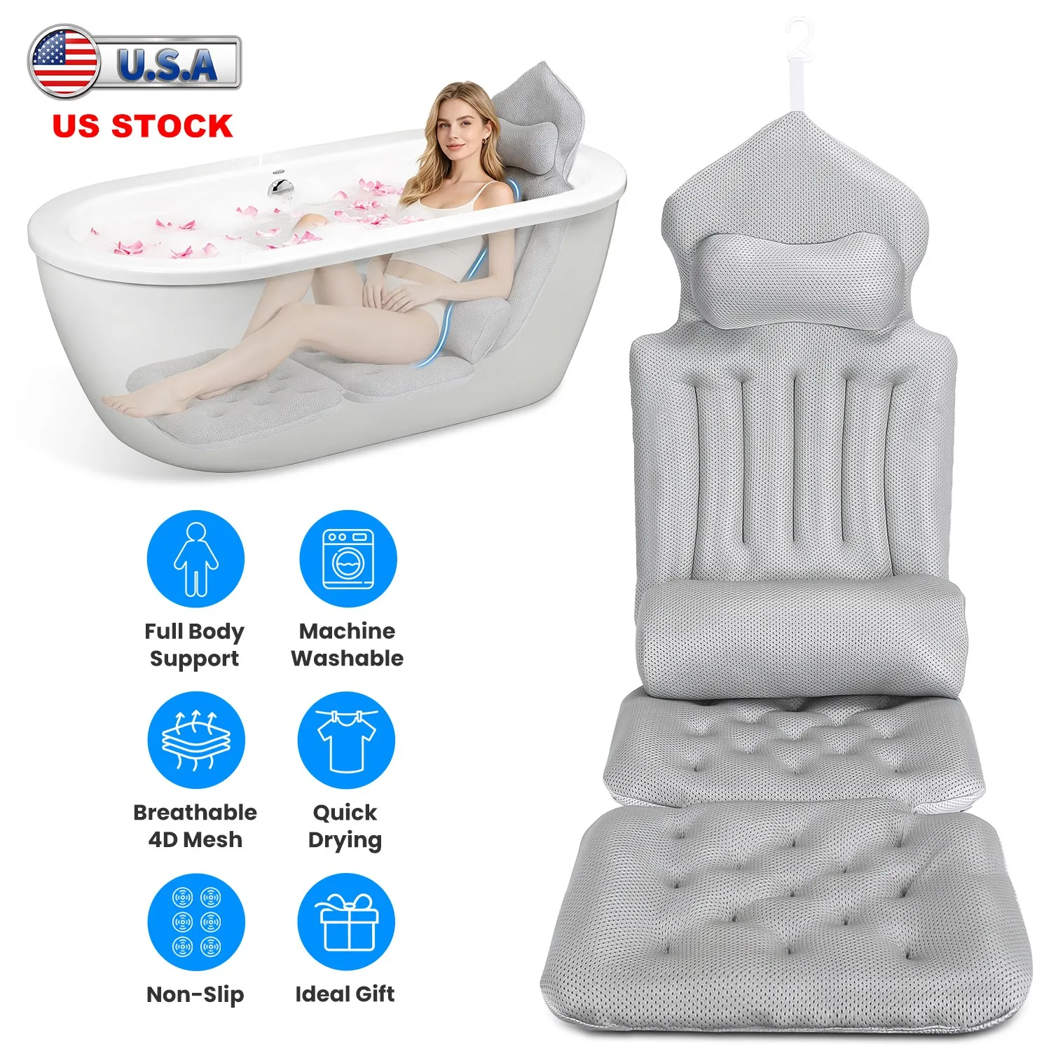 

US Stock Full Body Bath Pillow 4D Mesh Non Slip Bathtub Cushion Mattress Pad with Neck Lumbar Support Home Spa Tub Mat