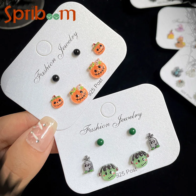 6PCS Halloween Earrings Set Funny Monster Stud Earrings for Women S925 Silver Needle Jewelry Small Party Accessories Girls Gifts