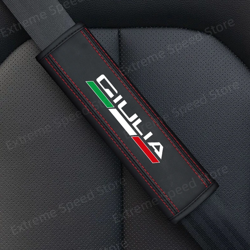 For Stelvio Giulietta Giulia Emblem Leather Car Seat Belt Cushion Safety Belt Shoulder Protector Pad Accessories
