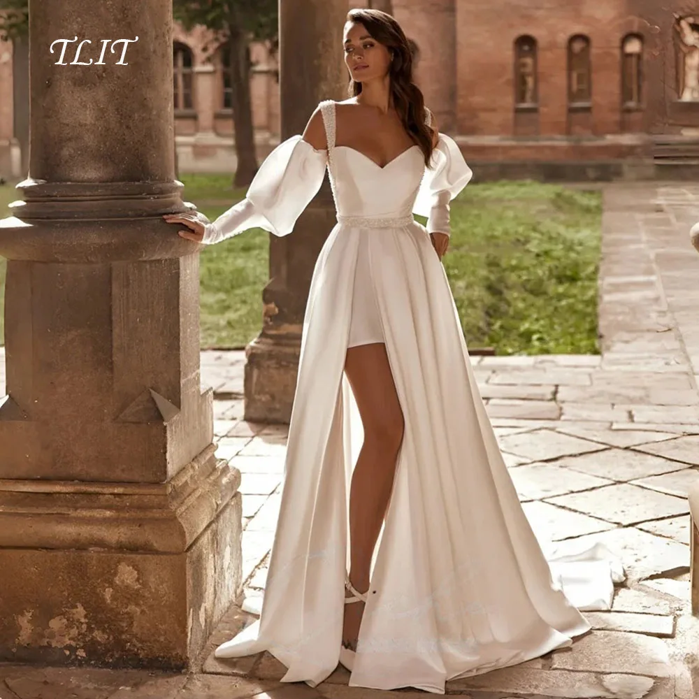 TLIT Modern Satin A-Line Wedding Dress Women 2026 Long Sleeves High Slit Beading V-Neck Bridal Gown Vestido De Noiva Customized
