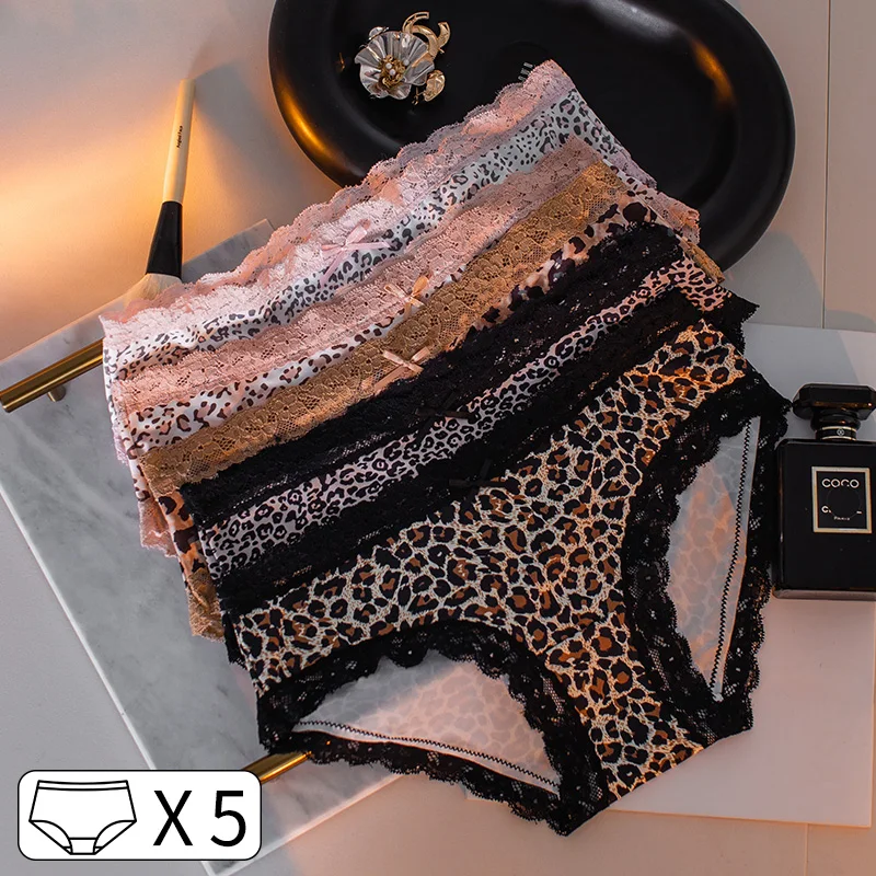 5Pcs Sexy Women Panties Ice Silk Briefs Girls Lace Leopard Underwear Seamless Thong Fitness Underpants Lingerie Intimates