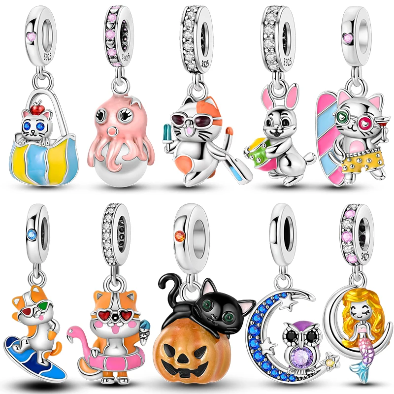 925 Silber Farbe niedlichen Katze blau Mond Eule Kaninchen Meerjungfrau Tier Charms Anhänger passen Qikaola Original Armbänder DIY Schmuck