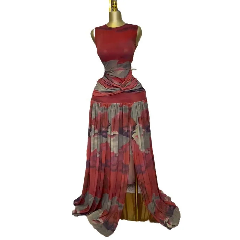 Women's 2025 Spring New Sweet and Fresh Printed Round Neck High Waist Split Dress Long Skirt Summer Dress Robe Vestido Women