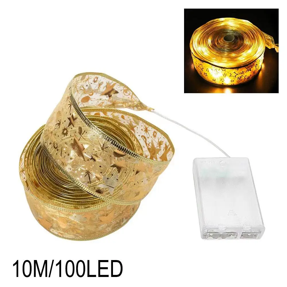 LED Christmas Ribbon Lights Battery Operated Wire Edged Ribbon Warm White Fairy Lights Glowing Bows Tree Topper Garland Wreath