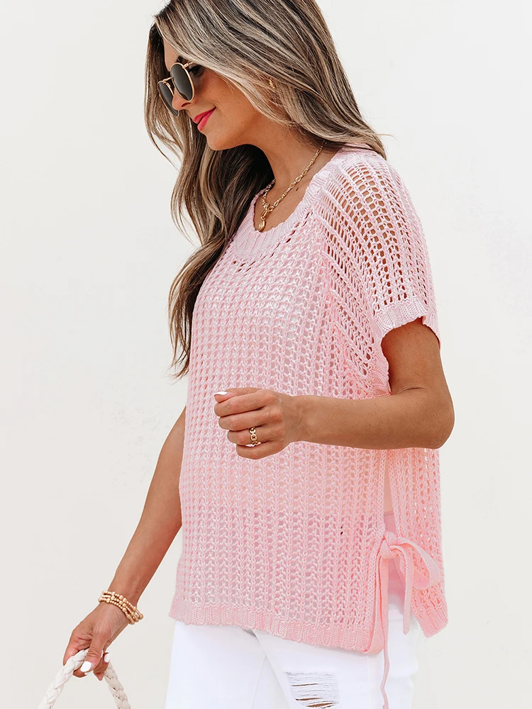 

ing 2025 New Hollow out Knitted ort Sve T-irt Women Summer Color Side Tie Overhead irt Casual Loose Fit