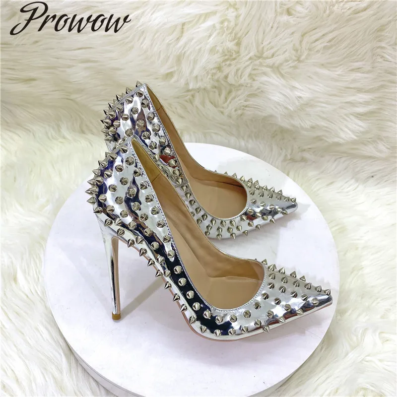 

New silver studded high heels 12CM pointed toe stiletto heel pumps single shoes orange shoes Women
