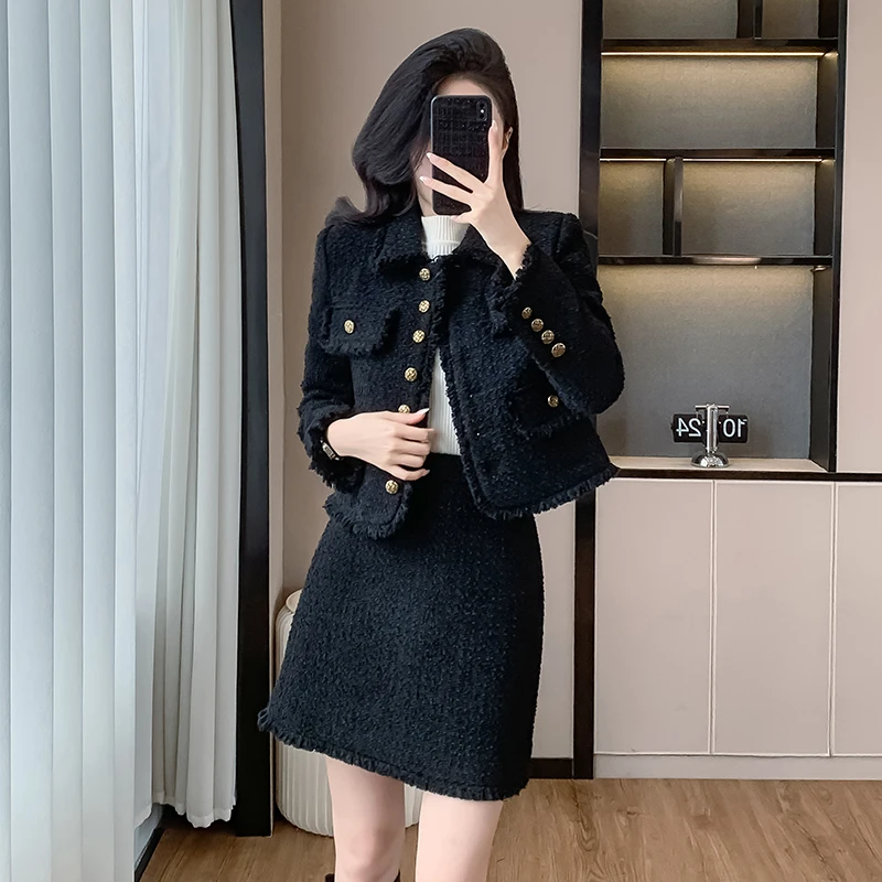 Padded 2024 Autumn/Winter New Classic Style Metal Button Suit Versatile Elegant Slimming Black Tweed Two-Piece Set High Quality