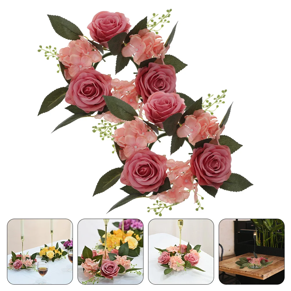 

2 Pcs Household Products Artificial Candlestick Garland Fake Roses Real Petals Cloth Decorative Rings