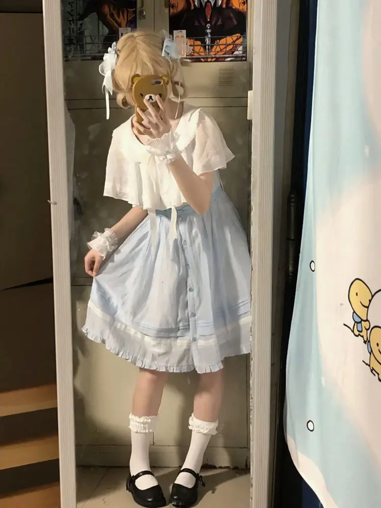 

Japanese Kawaii Dress Womens Outfits Preppy Y2k Chic Vintage Clothing Short Sleeve High Waist A-line Dress 2000s American