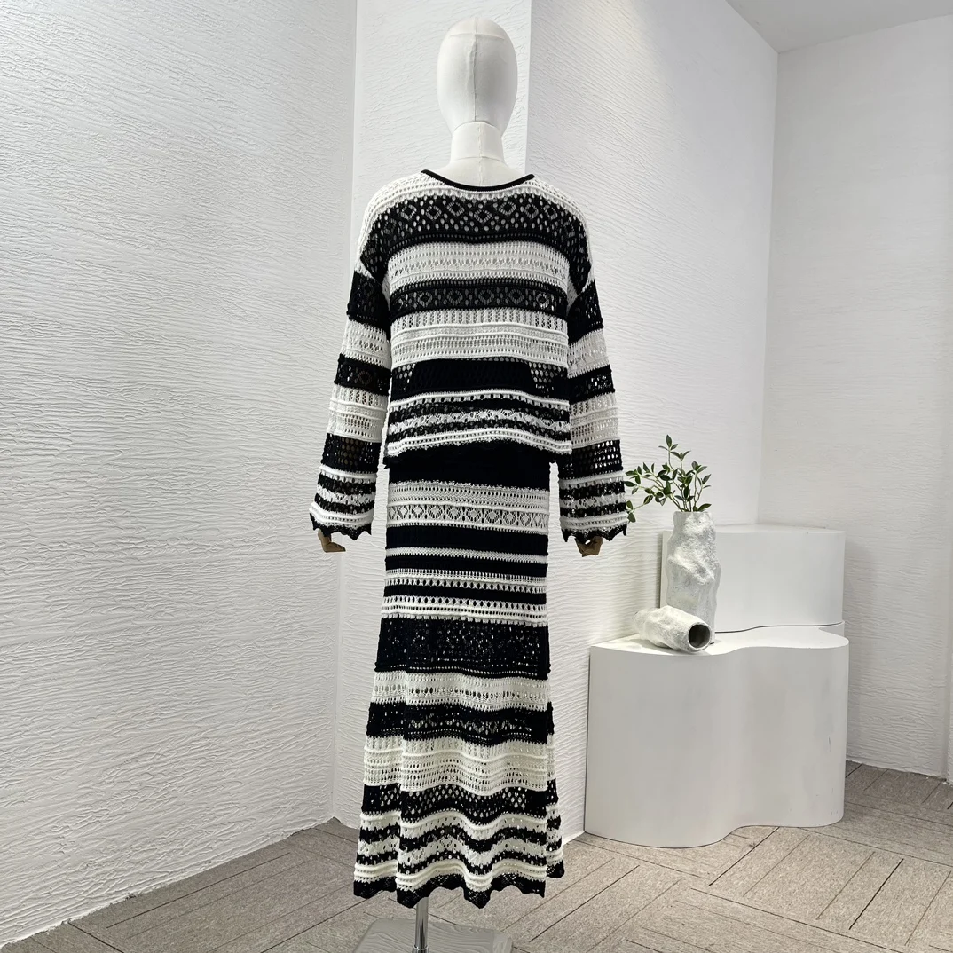 2024 Spring Fall Styles Black White Striped Hollow Knitting  Long Sleeve Blouse Tops  Midi Skirt Set Separate Camisole