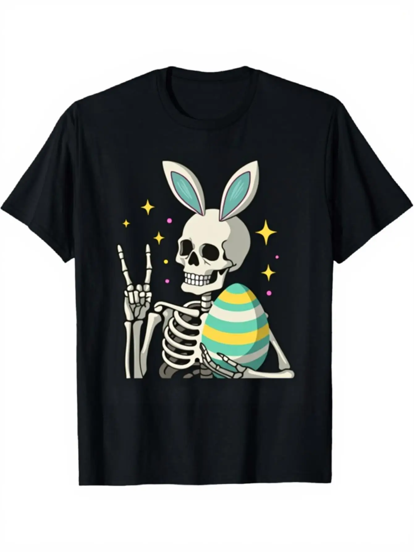 

Skeleton Bunny Easter Egg Peace Sign Graphic T-Shirt Casual Loose Cotton Tee for Men Women