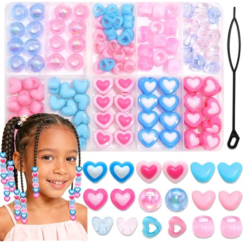 108PCS Heart Hair Beads Kit for Braids, Acrylic Pony Beads with Love Letters & X Shapes & Iridescent Beads for Kids Box Braids,