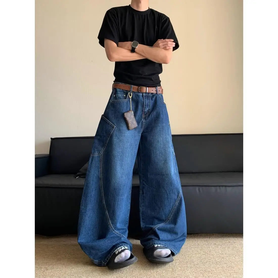 Men's Large Side Pocket Design Retro Baggy Blue Jeans Fashion Trend Autumn Trousers Male High Waisted Wide Leg Denim Pants