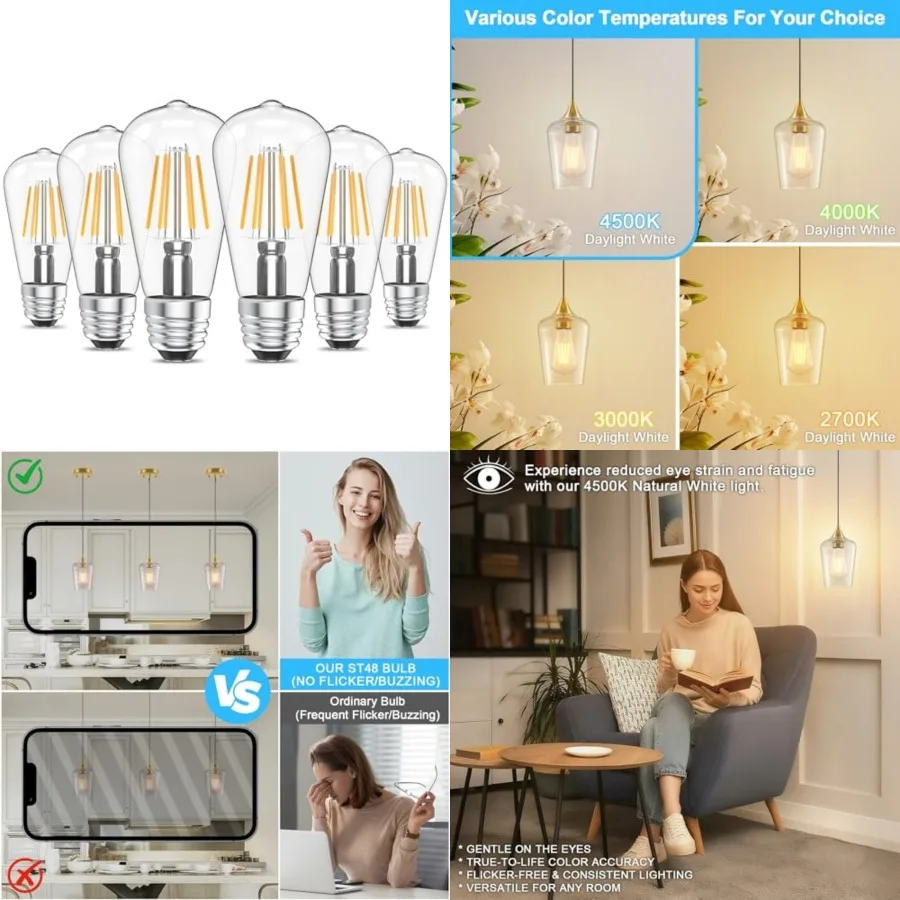 

ST48 Vintage LED Edison Bulbs 0 Watt Equivalent, Bright 4500K, E26 Antique LED Filament Bulbs, E26 Medium Base