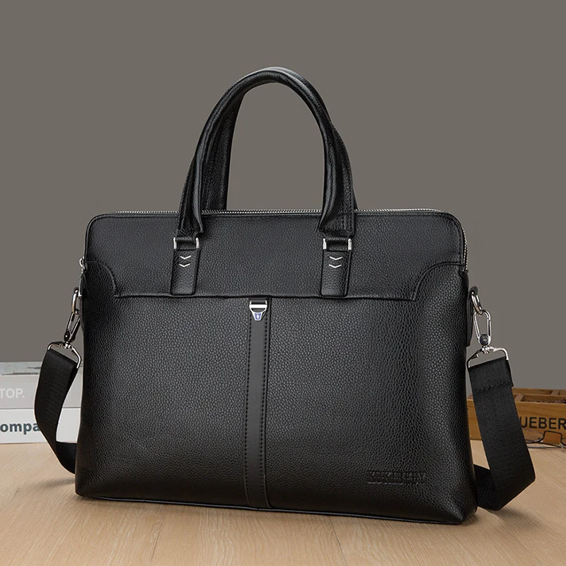 Business Men Double Zipper Briefcase Bag PU Leather Hangbag Office Man Shoulder Messenger Bags Male 14 Inch Laptop Bag